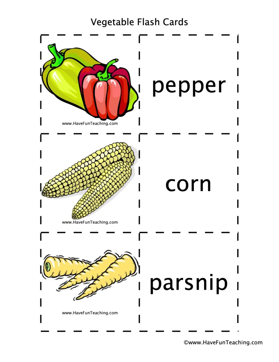 Vegetable picture cards: bell peppers, ears of corn and parsnips with matching name cards for vocabulary practice