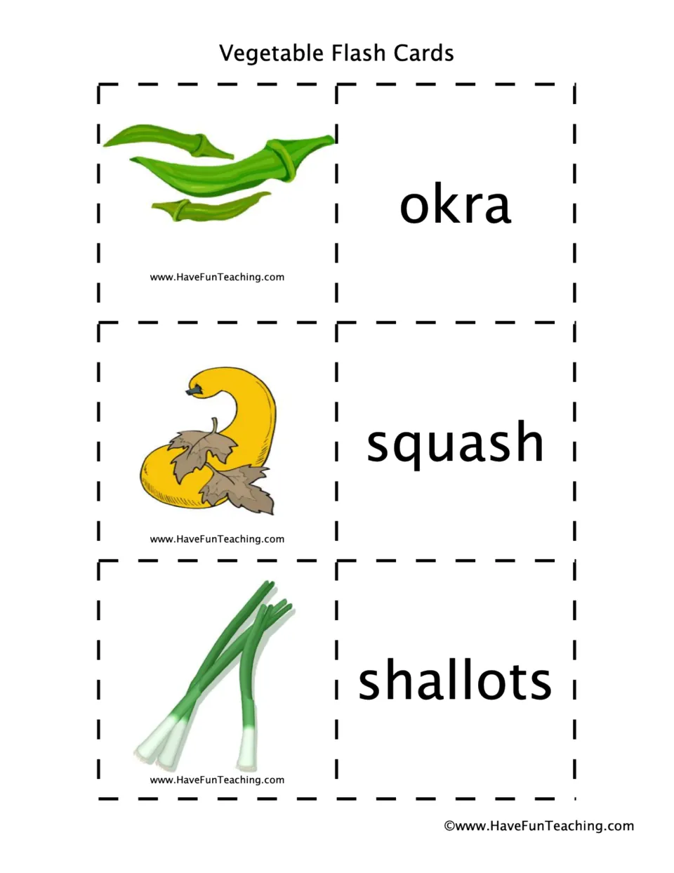 Vegetable naming: okra, yellow squash and shallots pictured beside their printed names for matching and reading