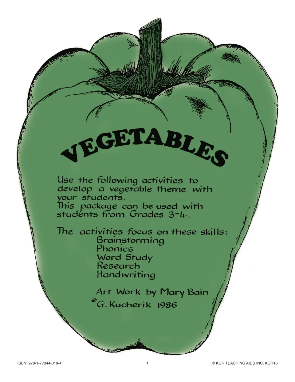 Vegetables theme packet cover listing its skills: brainstorming, phonics, word study, research and handwriting