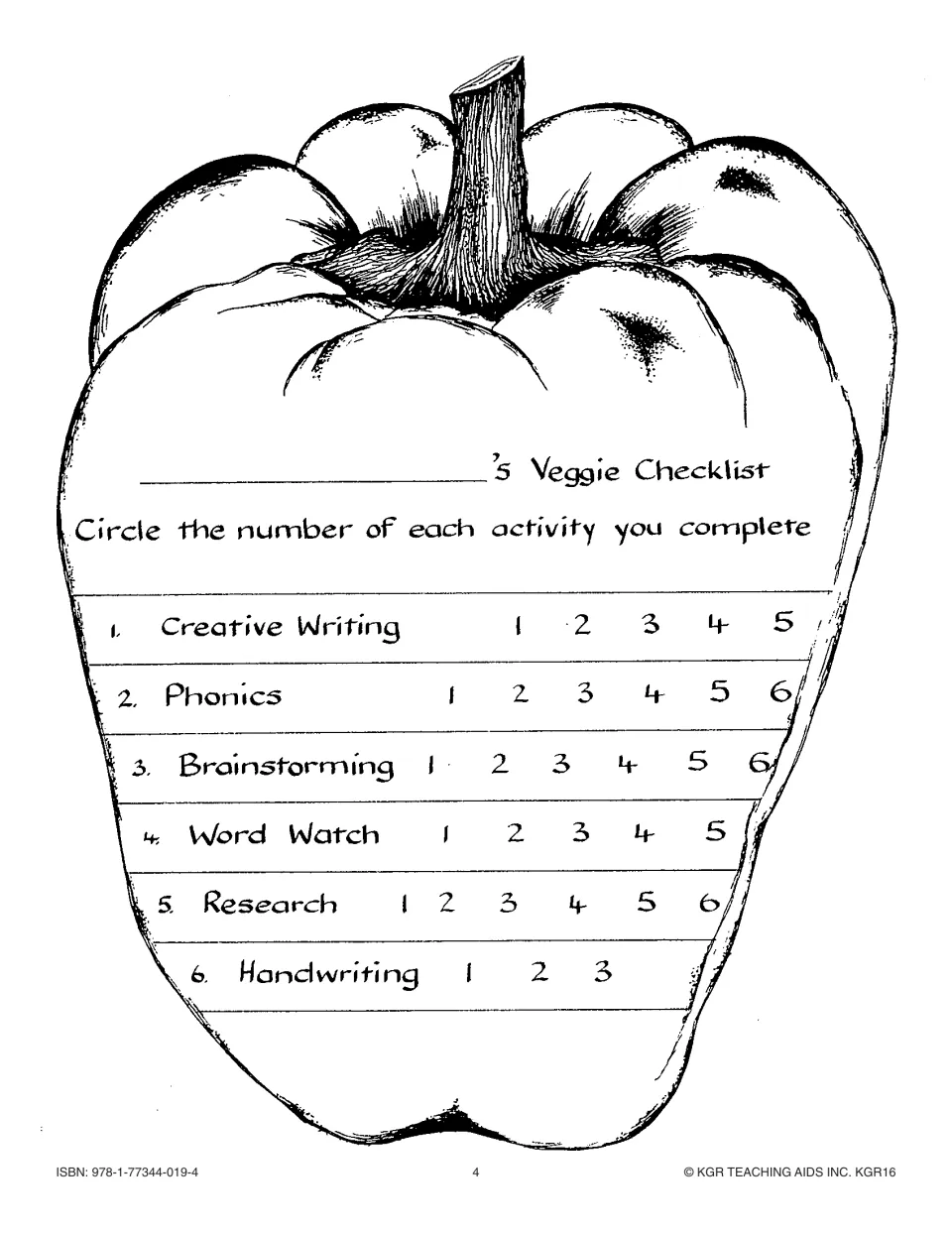 Veggie checklist to circle completed activities: creative writing, phonics, brainstorming, word watch and more