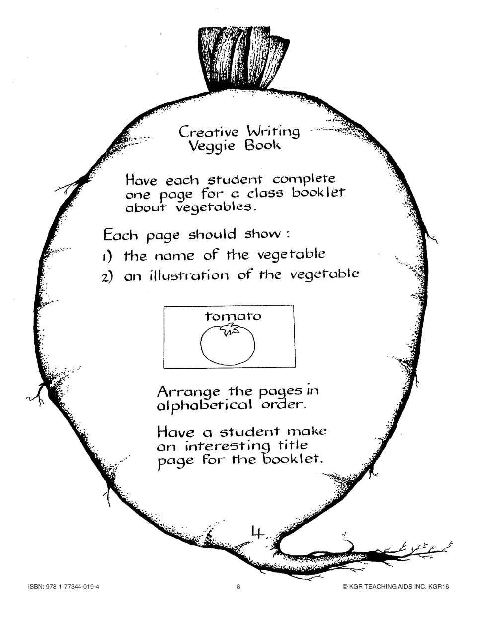 Creative writing 4, Veggie Book: each student makes a booklet page with a vegetable name and drawing, like tomato