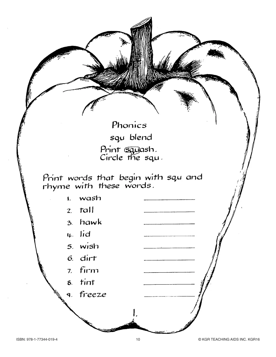 Phonics 1, squ blend: circle squ in squash, then write squ words rhyming with wash, tall, hawk and six more