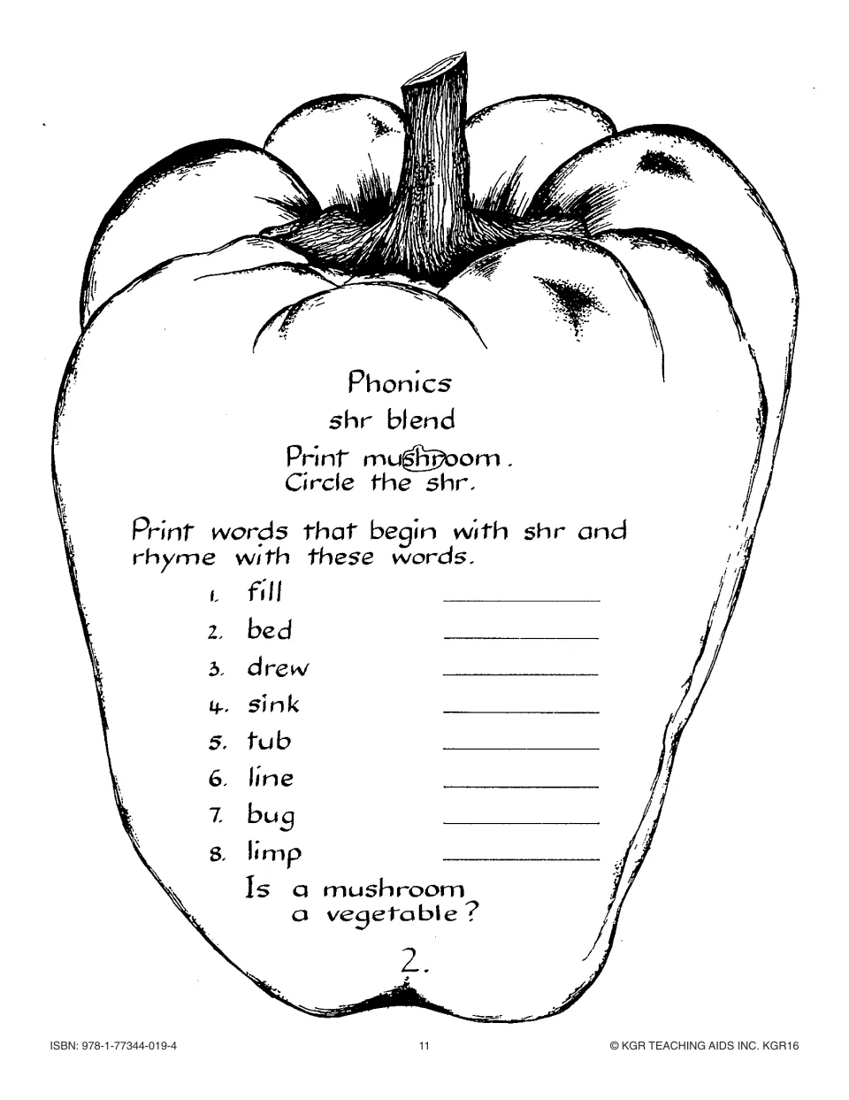 Phonics 2, shr blend: circle shr in mushroom, write shr words rhyming with fill, bed, drew and five more