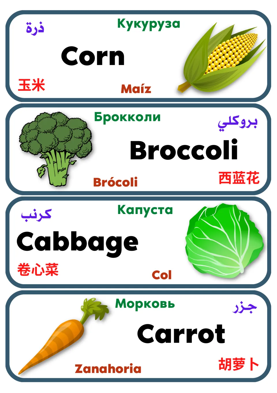 Vegetable vocabulary labels 1–4: corn, broccoli, cabbage, and carrot, with pictures and multilingual names