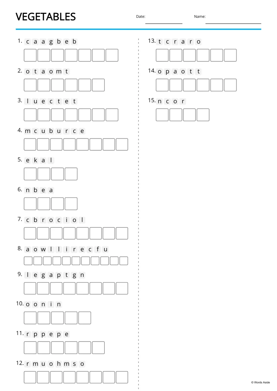 Vegetable anagrams: students unscramble 15 jumbled words such as caagbeb and ncor, writing one letter per box