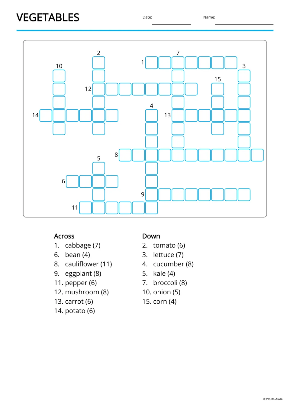 Vegetable crossword: students fill 15 words like cabbage, cauliflower and broccoli using Across and Down word clues