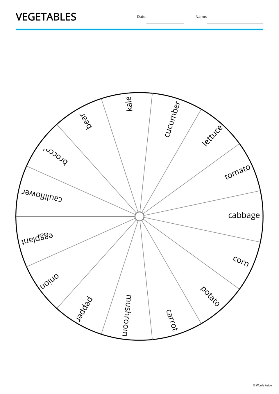 Vegetable word wheel: 15 vegetable names, including kale, tomato and mushroom, printed around a sectioned circle