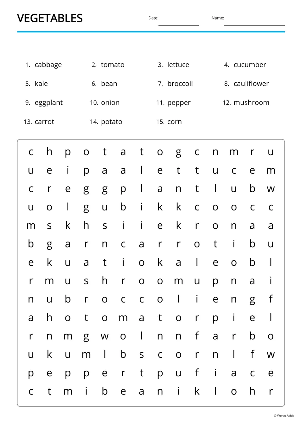 Vegetable word search: students find 15 listed words, from cabbage to corn, hidden among the letters