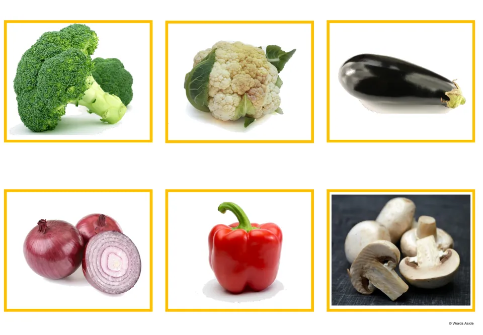 Vegetable photo cards: broccoli, cauliflower, eggplant, red onions, a red bell pepper and white button mushrooms