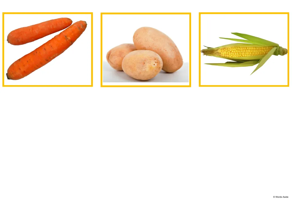 Vegetable photo cards completing the set: two carrots, three potatoes and an ear of corn with its husk pulled back