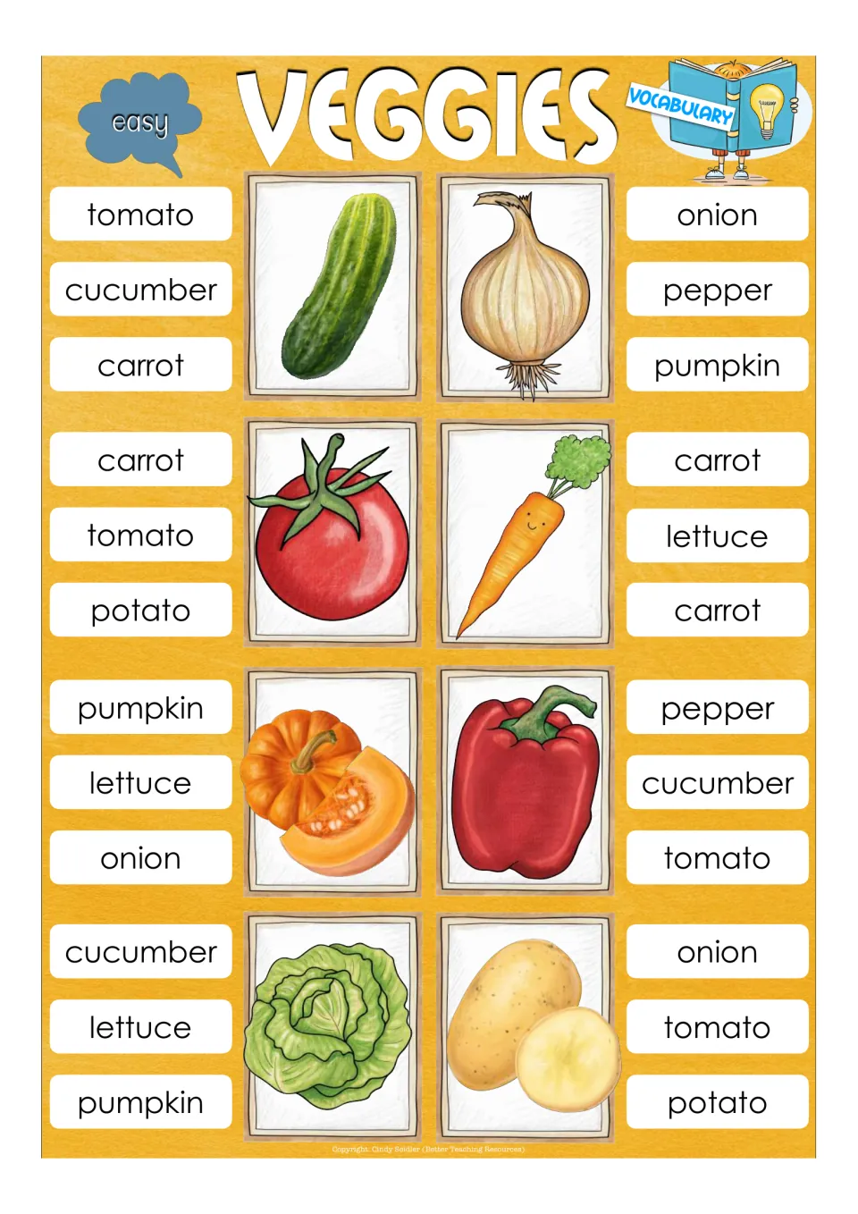 Easy vegetable vocabulary cards: students clip the right name for 8 pictures such as cucumber, onion, tomato and carrot