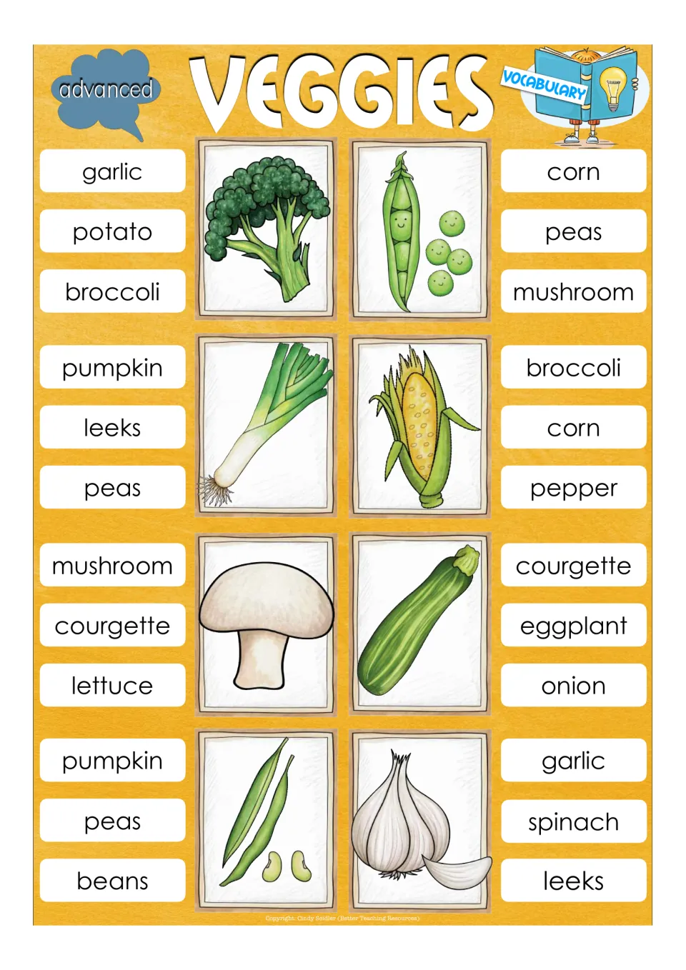 Advanced vegetable vocabulary cards: students clip the name for broccoli, peas, leeks, corn, mushroom, courgette and more