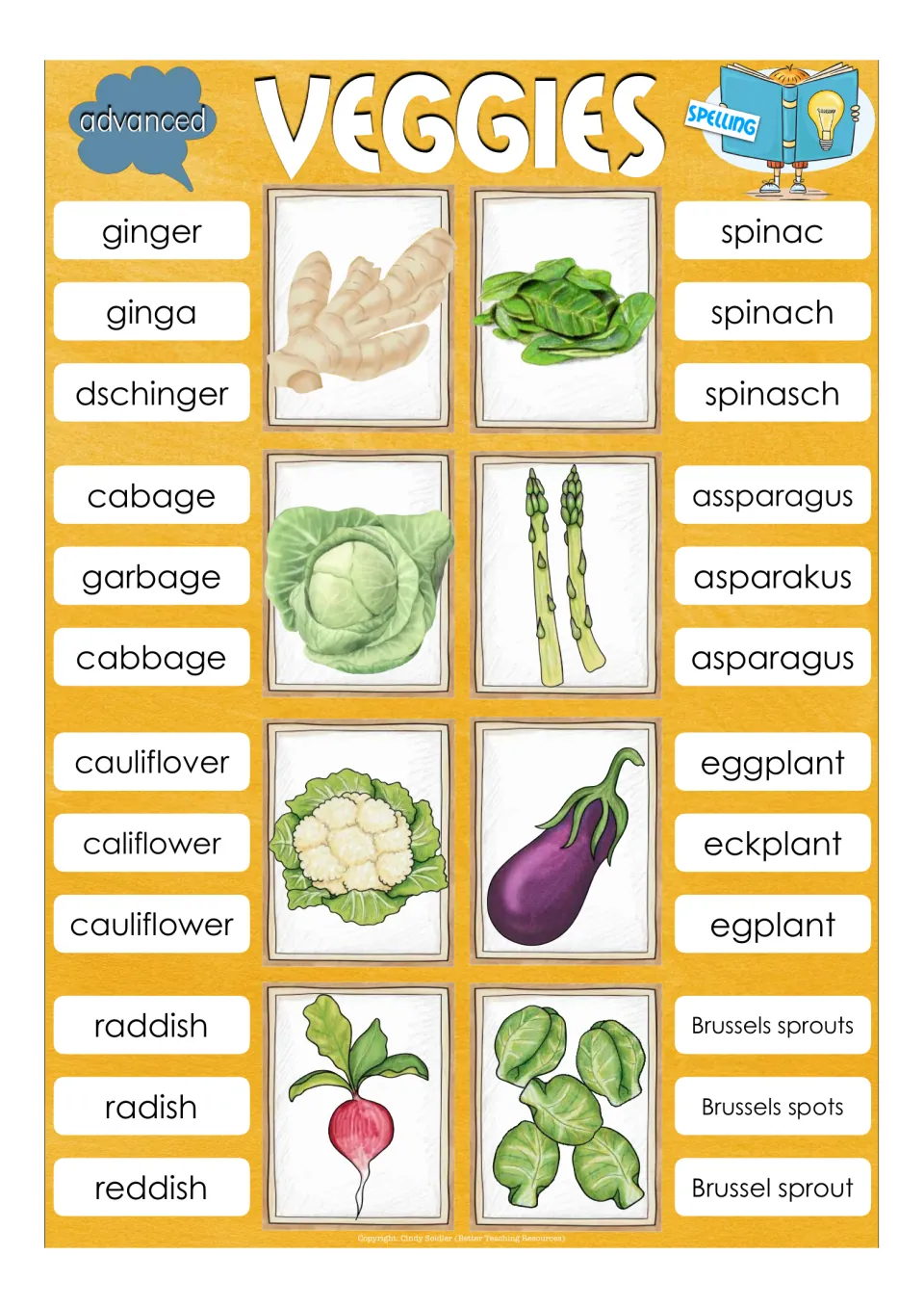 Advanced spelling of tricky vegetables: students clip the correct form of ginger, cabbage, asparagus, cauliflower and more