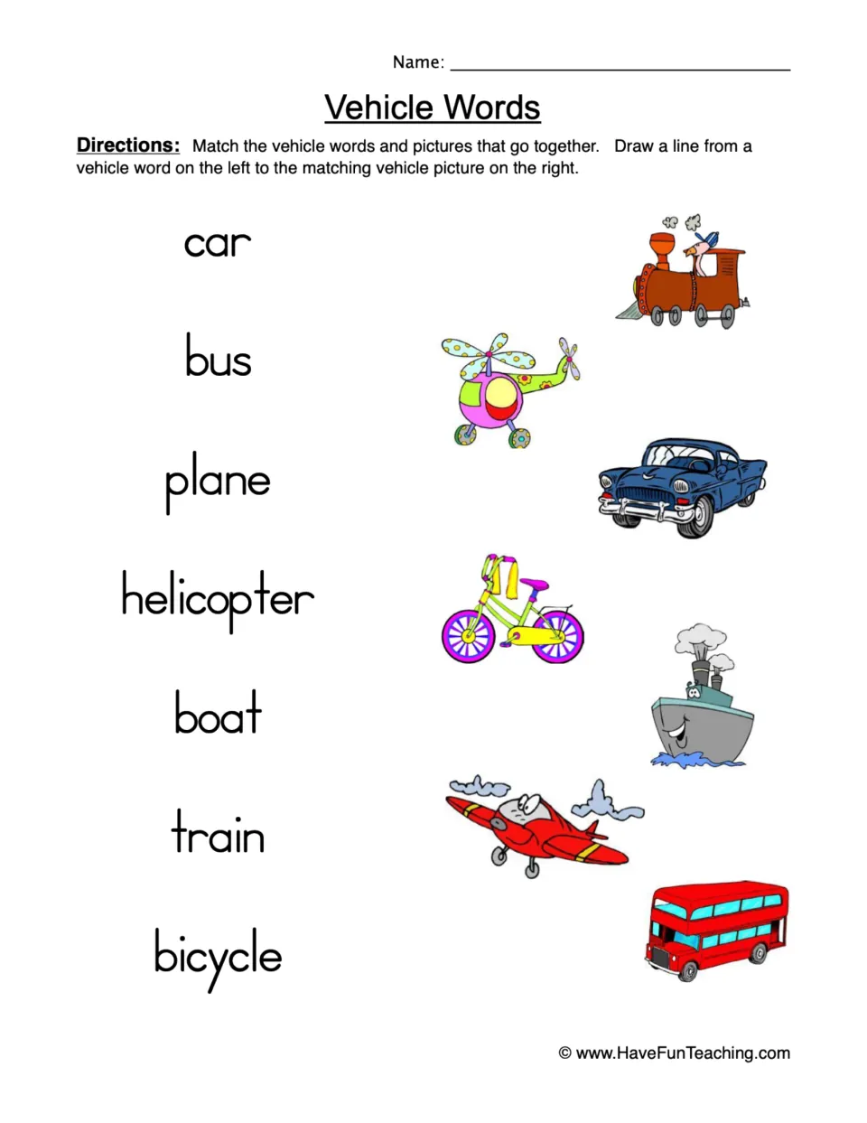 Vehicle Words matching: students draw lines from car, bus, plane, helicopter, boat, train and bicycle to pictures