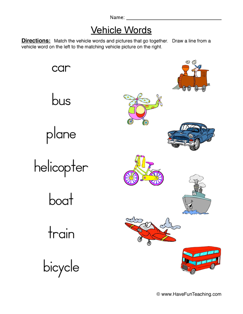 Vehicle Words Worksheet by Teach Simple