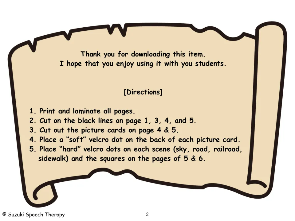 Setup directions: print and laminate, cut out the picture cards, then add soft and hard velcro dots to cards and scenes