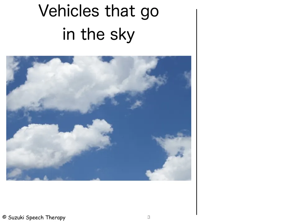 Vehicles that go in the sky: blue sky and clouds photo scene where students attach vehicle picture cards that fly