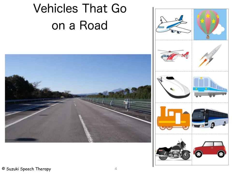 Vehicles that go on a road: highway photo with cut-out cards of a plane, balloon, helicopter, rocket, trains, bus, car