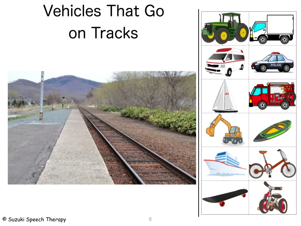 Vehicles that go on tracks: railway photo with cut-out cards of a tractor, ambulance, fire truck, boats, bike, skateboard