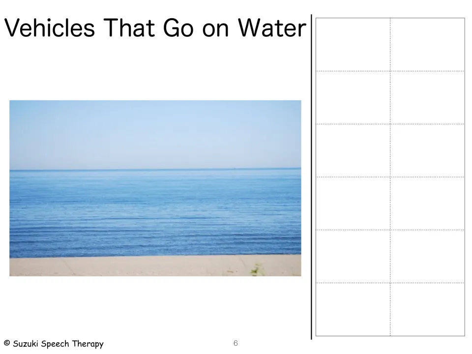 Vehicles that go on water: sea and beach photo scene with 12 blank spots where students attach boat and ship picture cards