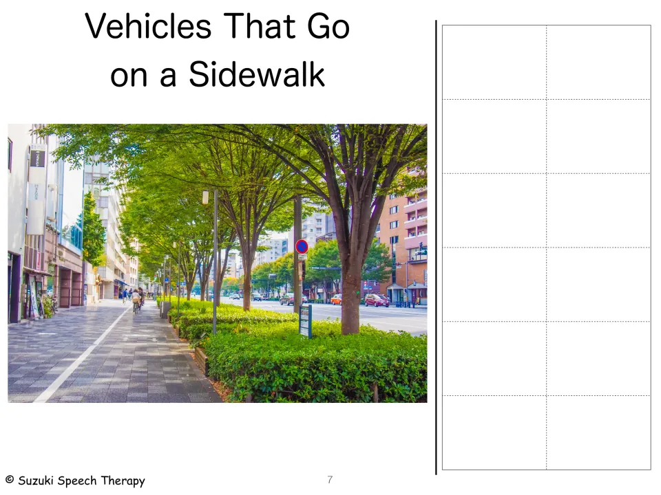Vehicles that go on a sidewalk: tree-lined city sidewalk photo with 12 blank spots for sorted vehicle cards
