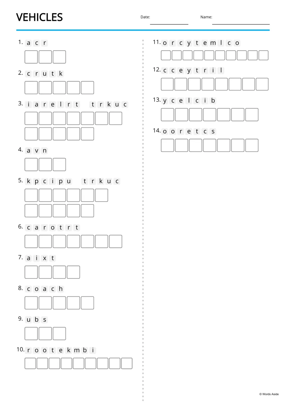 Vehicle word scramble: students unscramble 14 jumbled vehicle names such as acr, crutk, aixt and kpcipu trkuc