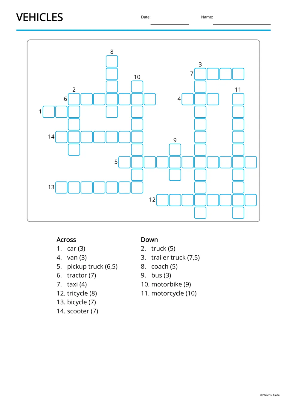 Vehicles crossword: students write 14 vehicle words from Across and Down clues such as car (3) and trailer truck (7,5)