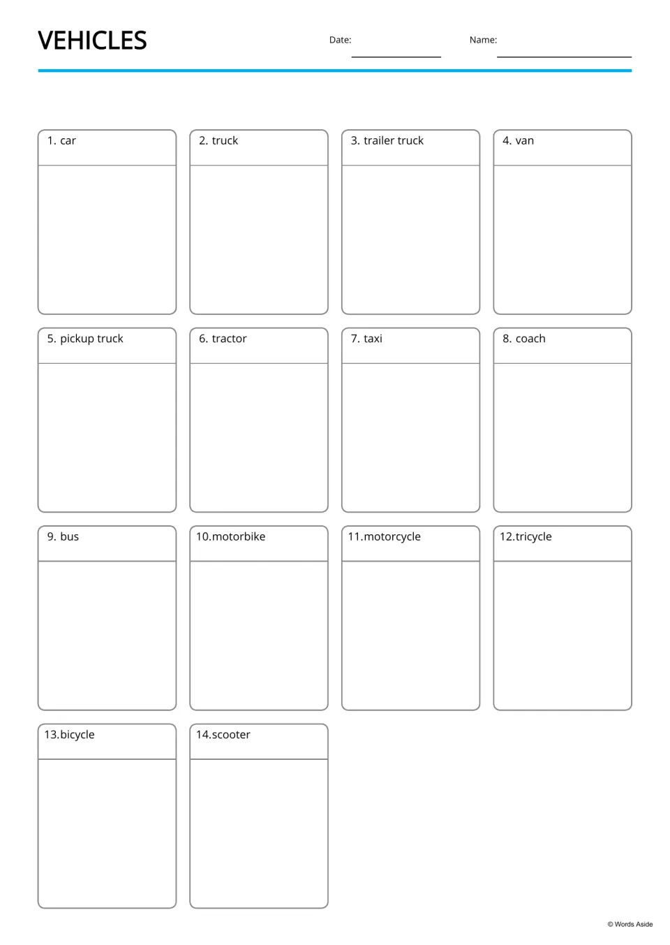 Vehicle drawing task: students draw a picture for each of 14 vehicle words, from car and truck to bicycle and scooter