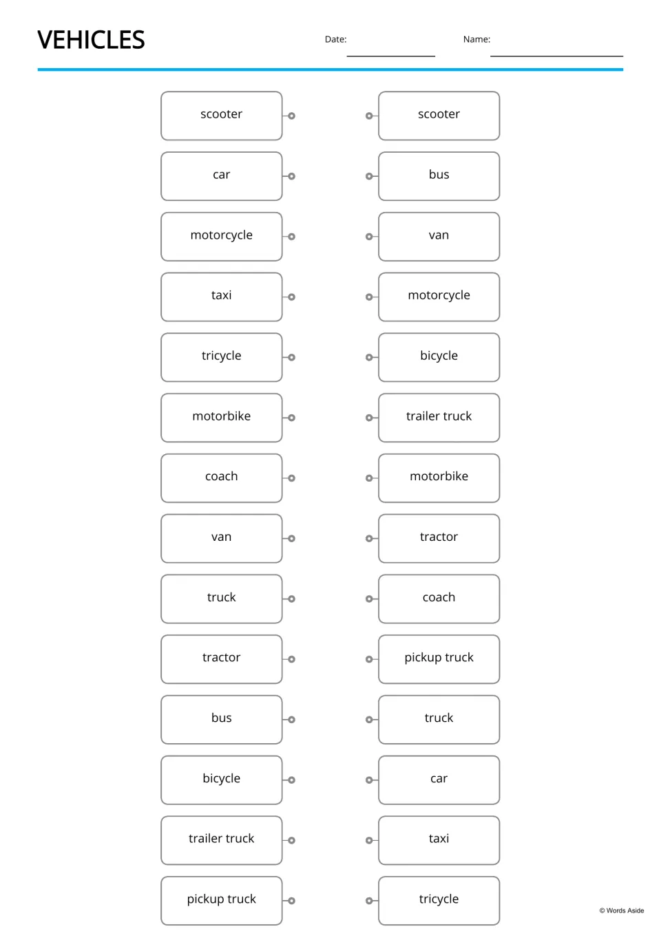 Vehicle word matching: students draw lines joining each of 14 vehicle names to the same word in a mixed-up second list