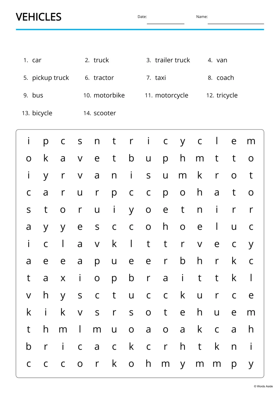 Vehicles word search: students find 14 listed words such as pickup truck, motorcycle and tricycle hidden in the letters