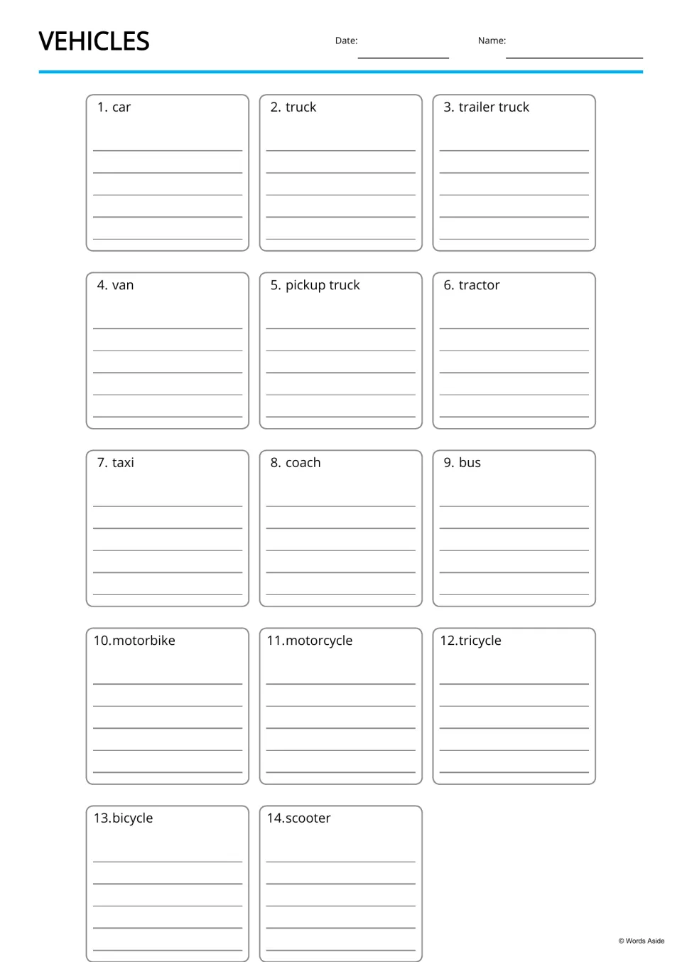 Vehicle writing practice: students write under each of 14 vehicle words, from car and taxi to motorcycle and scooter