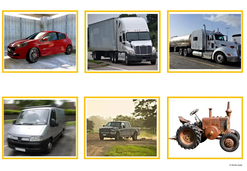 Vehicle photo cards: a red car, a box truck, a tanker truck, a silver van, a pickup truck and a rusty old tractor