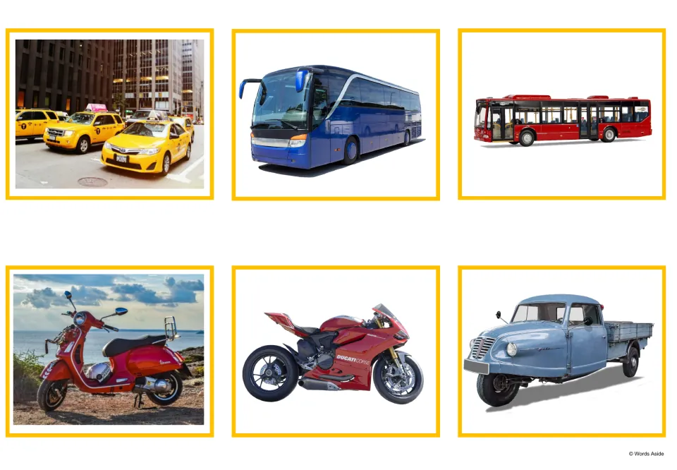 More vehicle photo cards: yellow taxis, a blue coach, a red bus, a red scooter, a sports motorcycle and a three-wheeler
