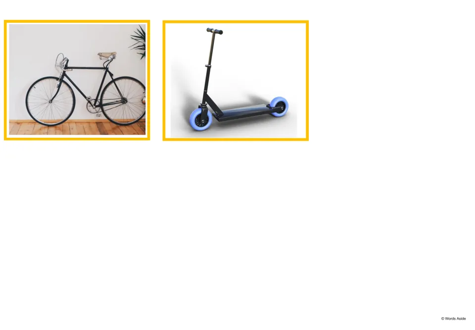 Final two vehicle photo cards: a black bicycle leaning against a wall and a kick scooter with blue wheels