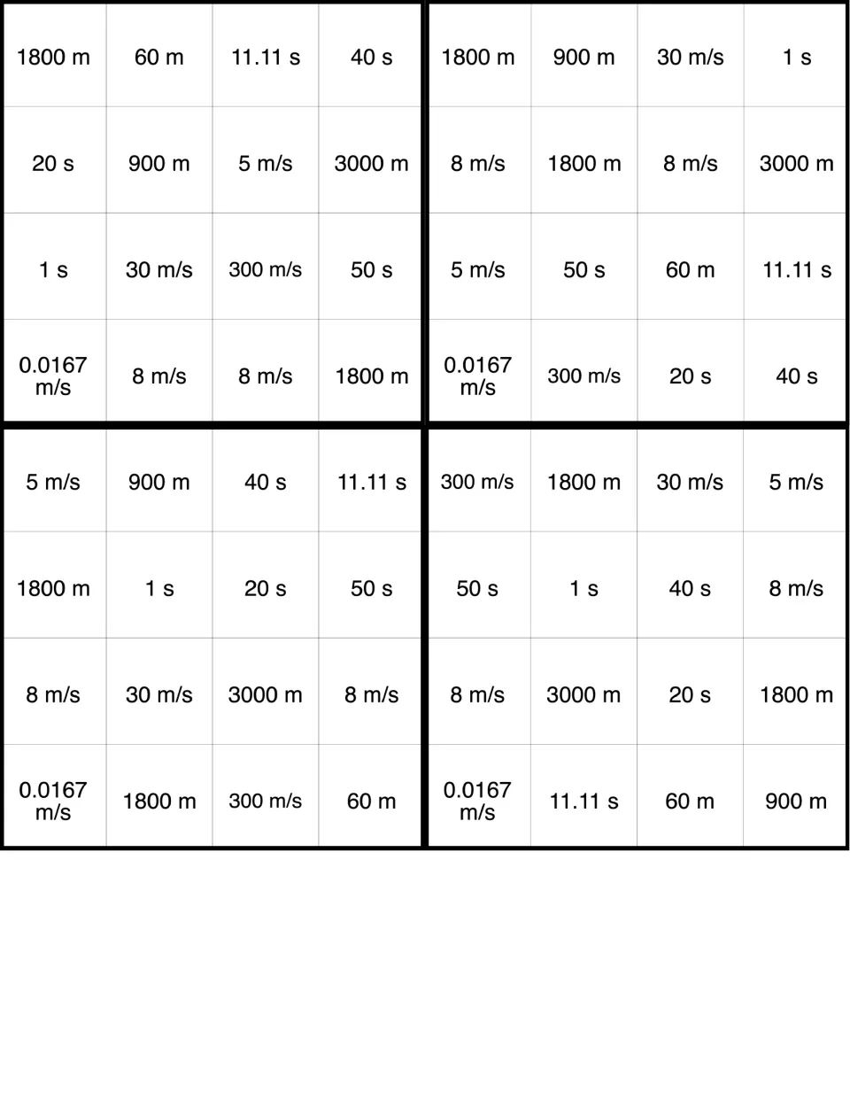 Velocity, distance, and time BINGO cards 13–16; first card starts with 1800 m, 60 m, 11.11 s, and 40 s.