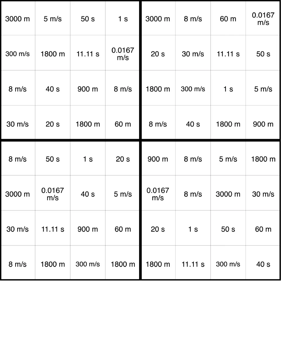 Velocity, distance, and time BINGO cards 29–32; first card starts with 3000 m, 5 m/s, 50 s, and 1 s.