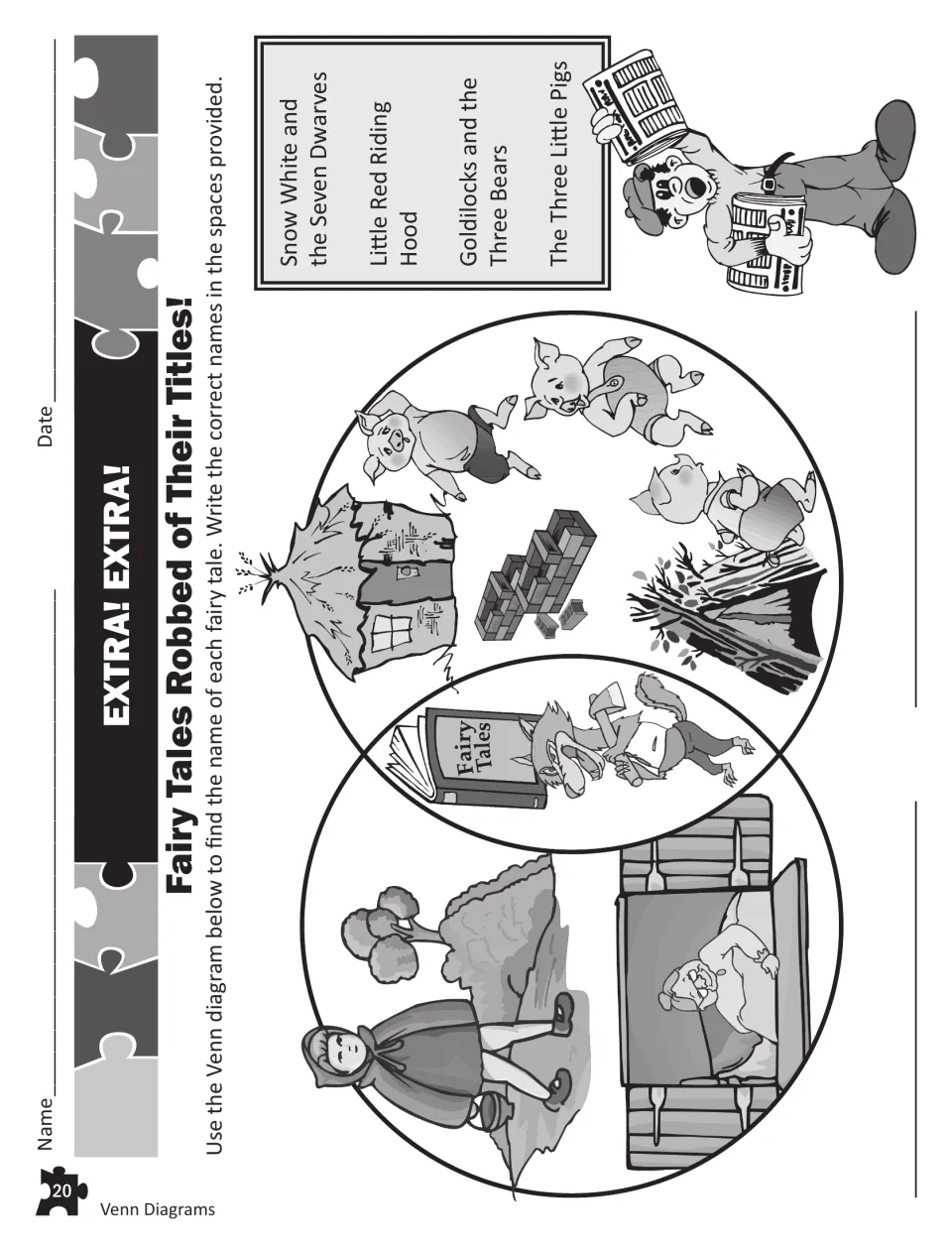 Fairy tales robbed of their titles: students use a two-circle Venn of Red Riding Hood and pig scenes to name each story