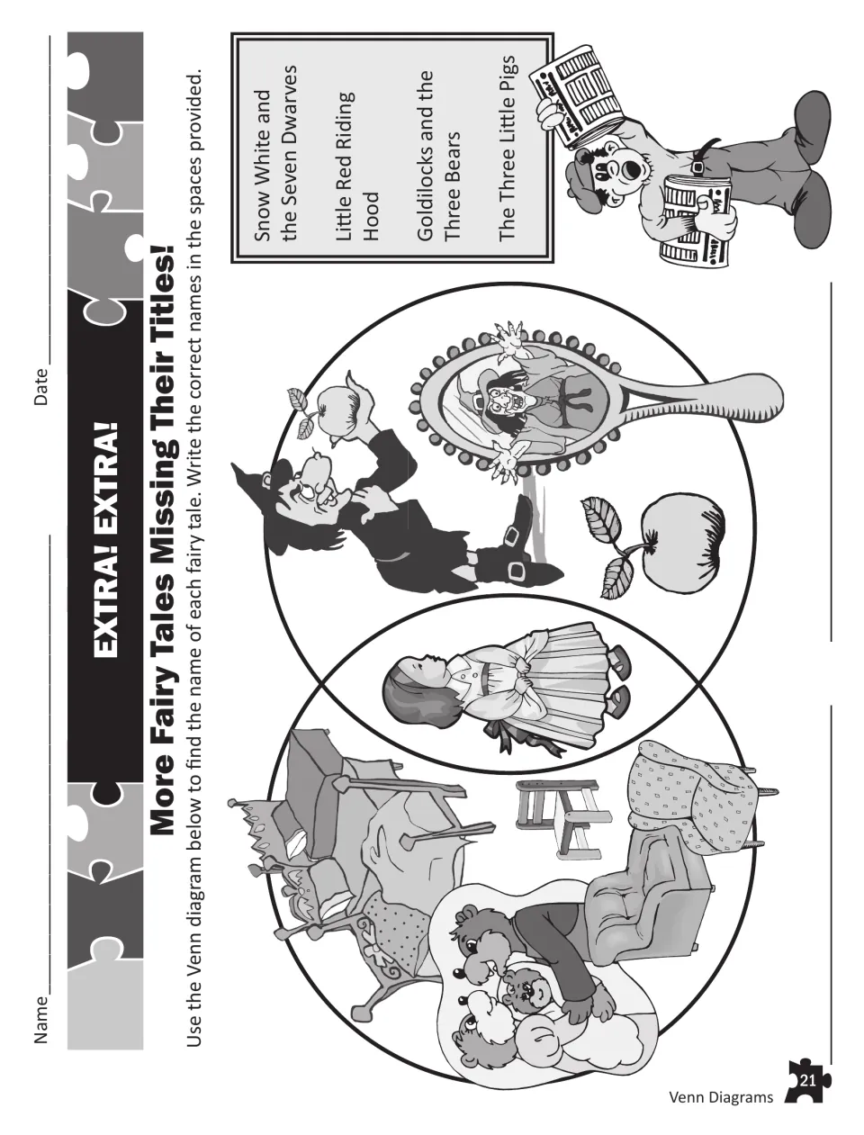 More fairy tales missing titles: students read a Venn of the three bears and Snow White scenes and write each tale's name