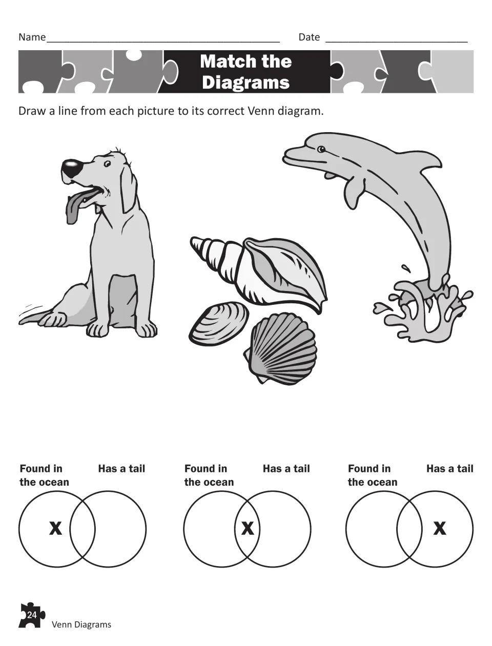 Match the Diagrams: students link a dog, seashells and dolphin to diagrams for Found in the ocean and Has a tail