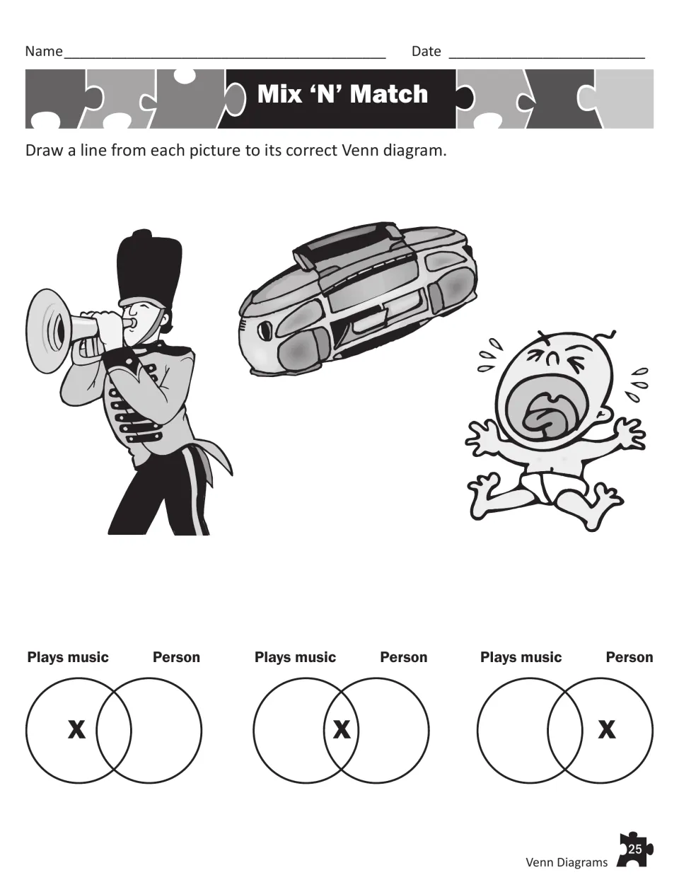 Mix 'N' Match: students draw lines linking a trumpet player, boom box and baby to diagrams for Plays music and Person