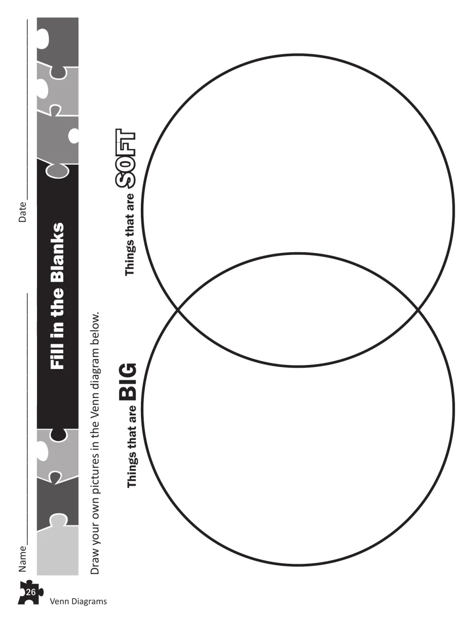 Fill in the Blanks: students draw their own pictures in a two-circle Venn diagram labeled Things that are BIG and SOFT