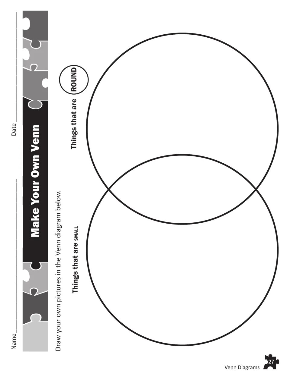 Make Your Own Venn: students draw pictures to sort into a diagram labeled Things that are SMALL and Things that are ROUND