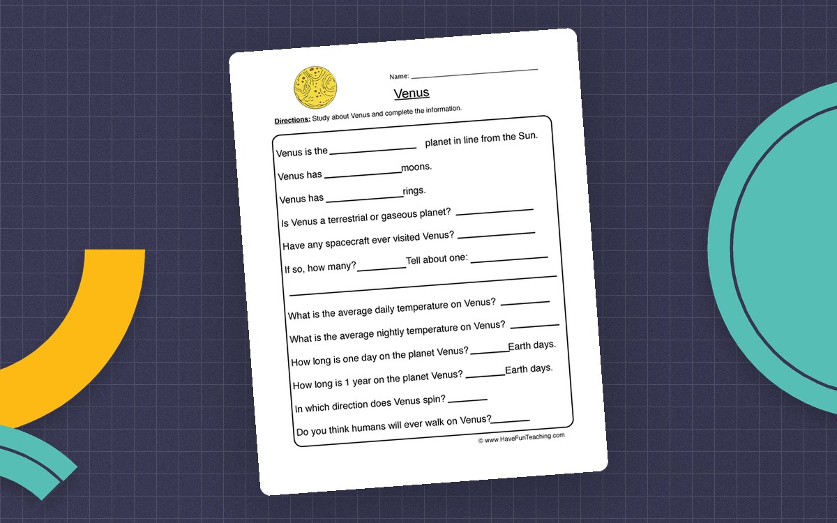 Venus Planet Worksheet preview: One-page Venus research questionnaire