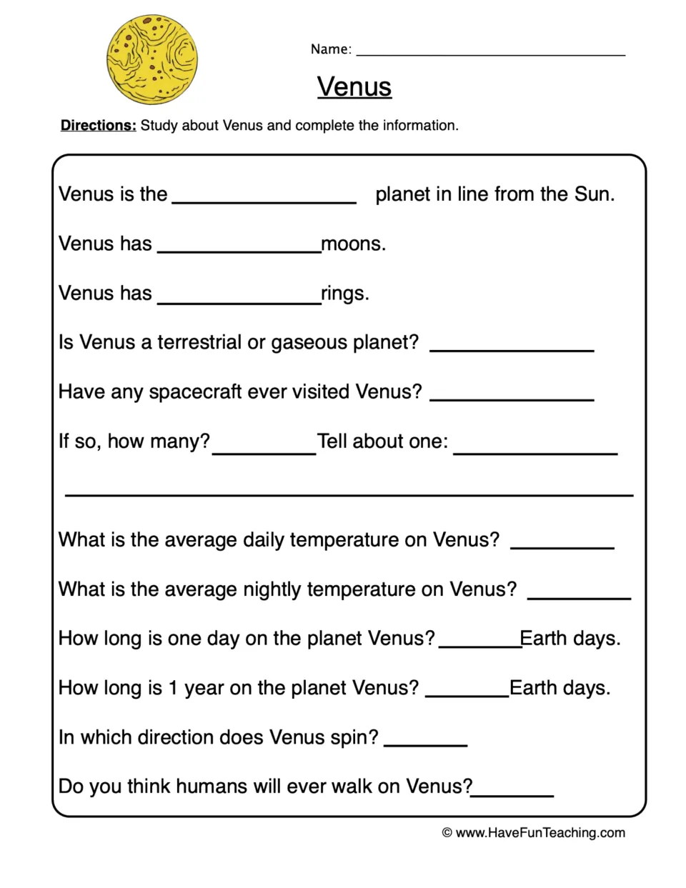 Venus research: students fill in its order from the Sun, moons, rings, temperatures, day and year length and spin