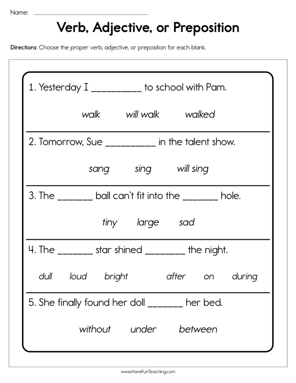 Grammar practice: five sentences using verbs, adjectives, and prepositions about school, a show, and more