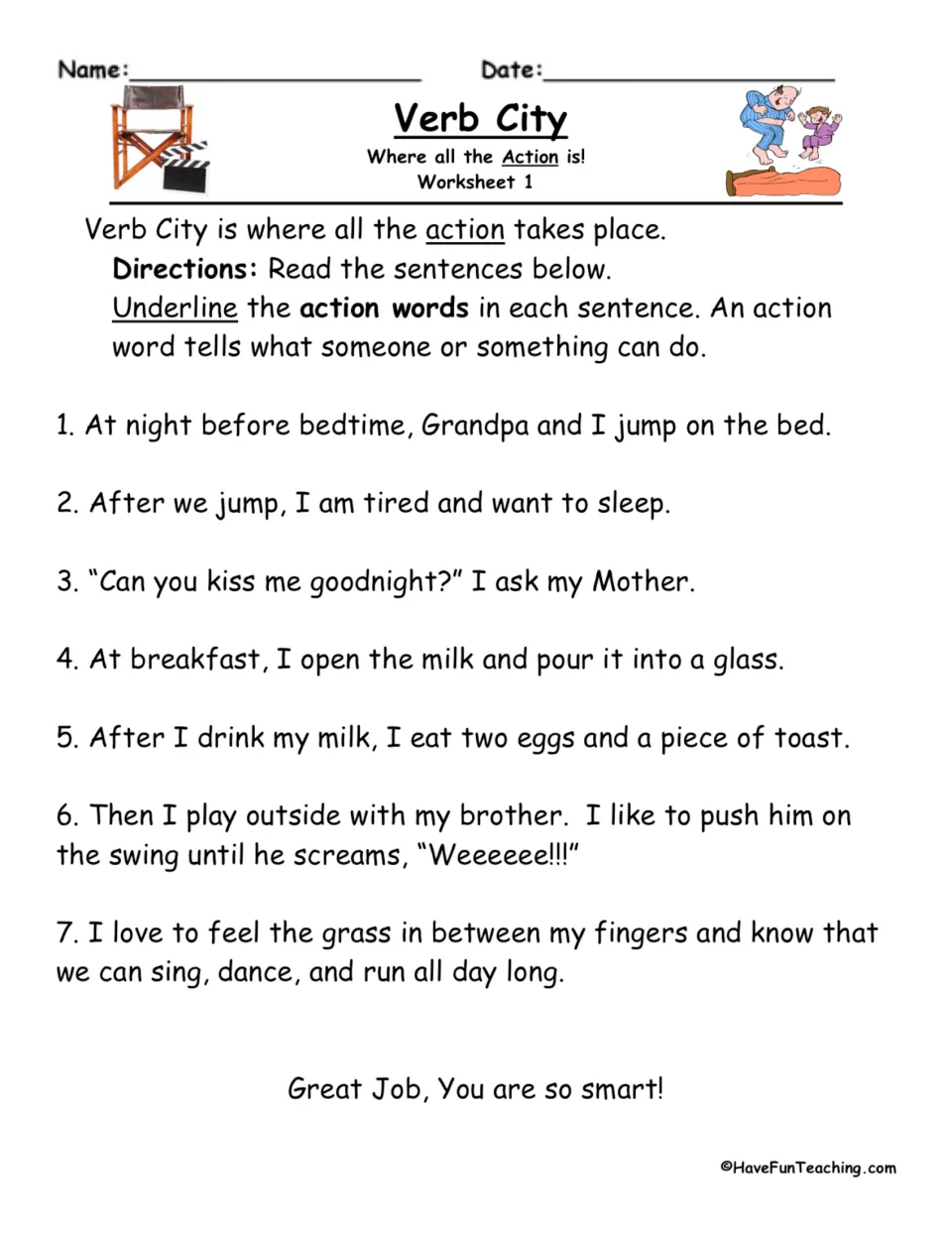 Action verbs, sheet 1: students underline the action words in 7 sentences about bedtime, breakfast and outdoor play