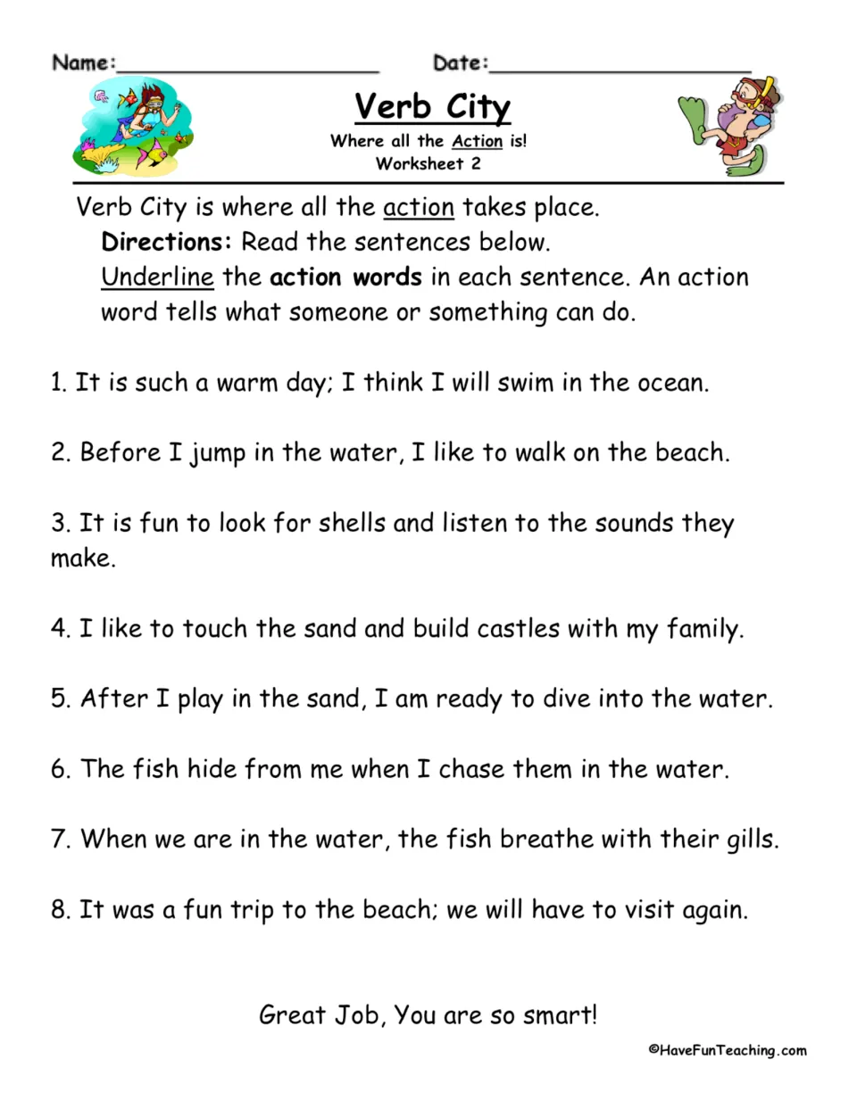 Action verbs, sheet 2: students underline the action words in 8 sentences about a beach trip, swimming and fish