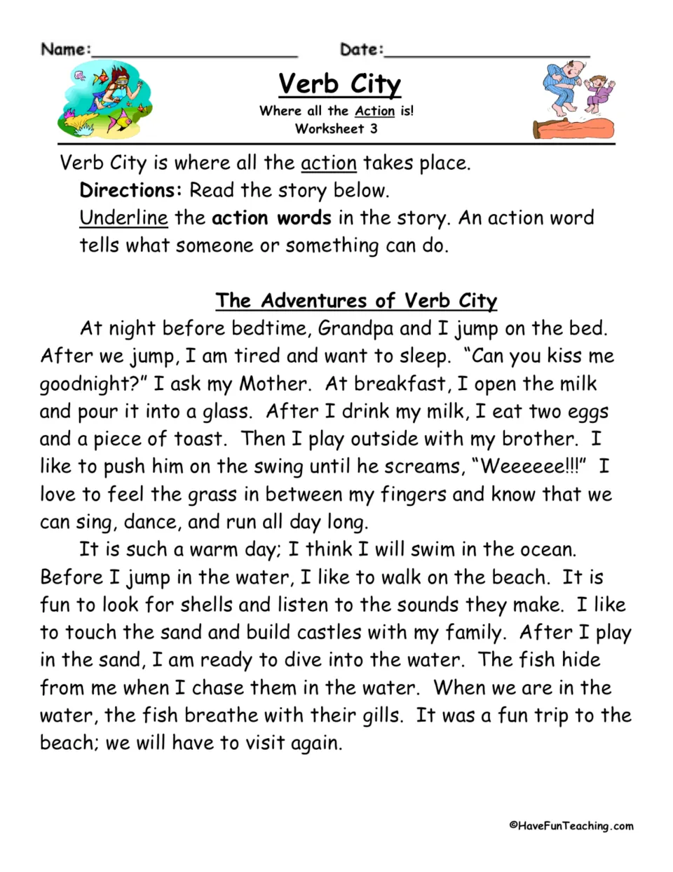 Action verbs in a story: students read 'The Adventures of Verb City' and underline every action word in the passage