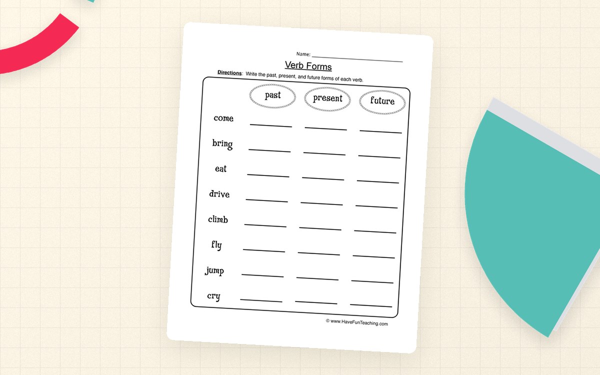 Verb Forms Worksheet preview: Eight listed base verbs