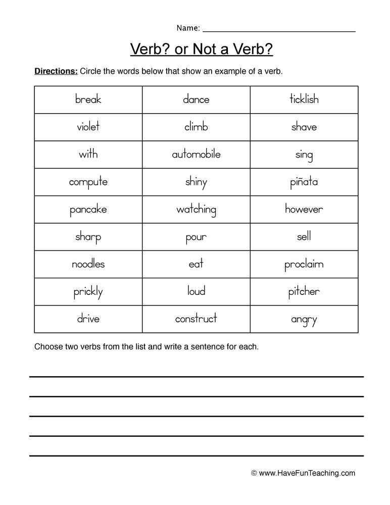 Verb or Not a Verb Worksheet by Teach Simple